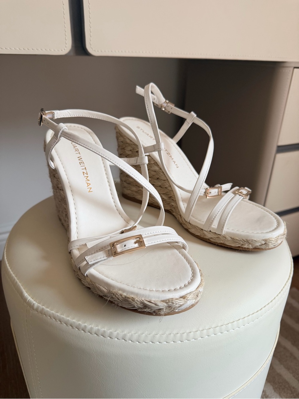 NEW! Stuart Weitzman Cream Leather Espadrille Wedge Sandals with Gold Buckles